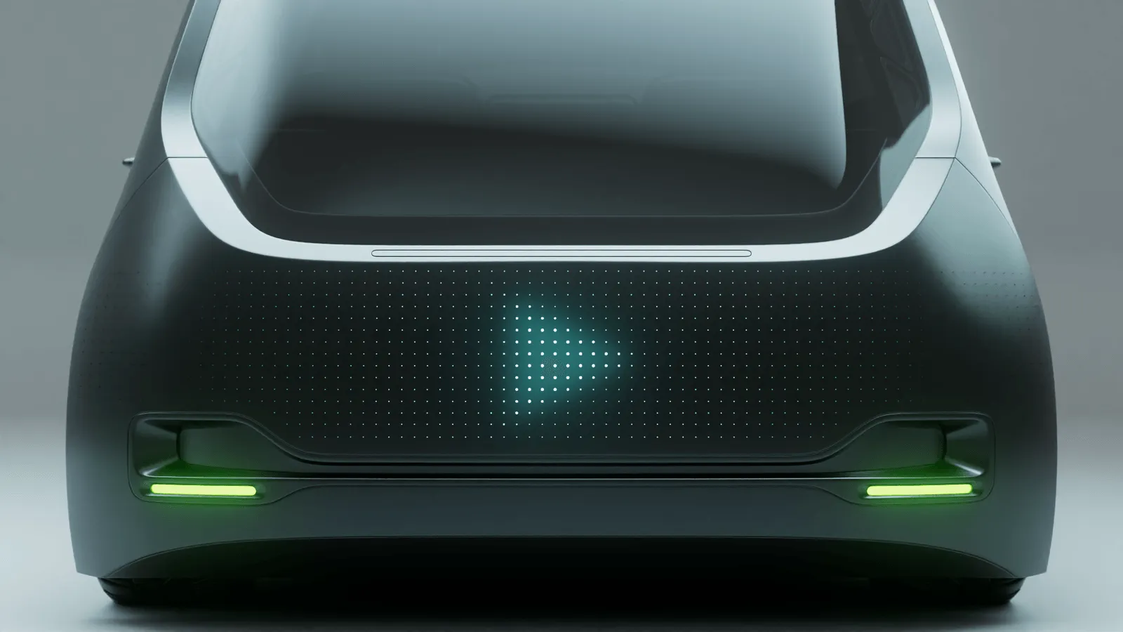 Front of a concept vehicle with an illuminated exterior display showing a directional arrow to communicate with people outside the car