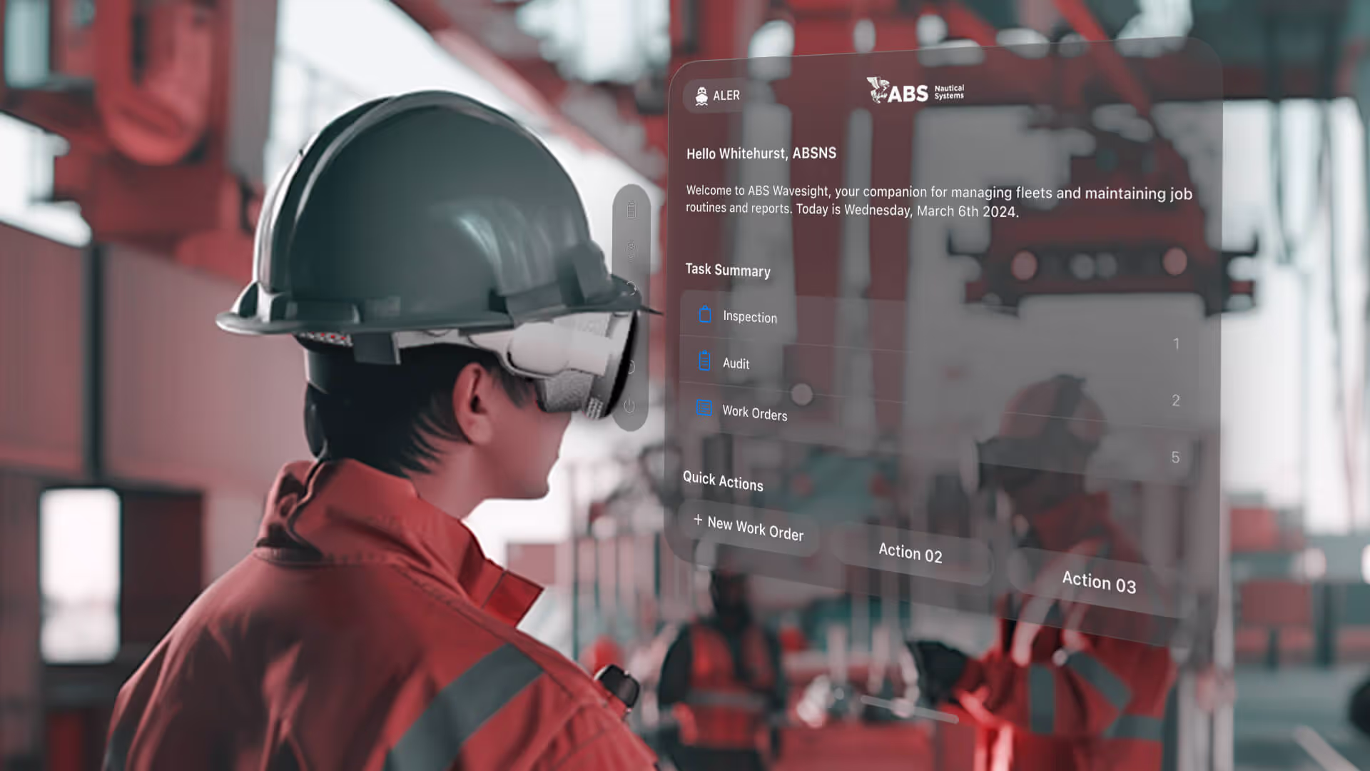 A worker wearing AR glasses viewing a translucent interface with task summaries and work orders overlaid on an industrial site